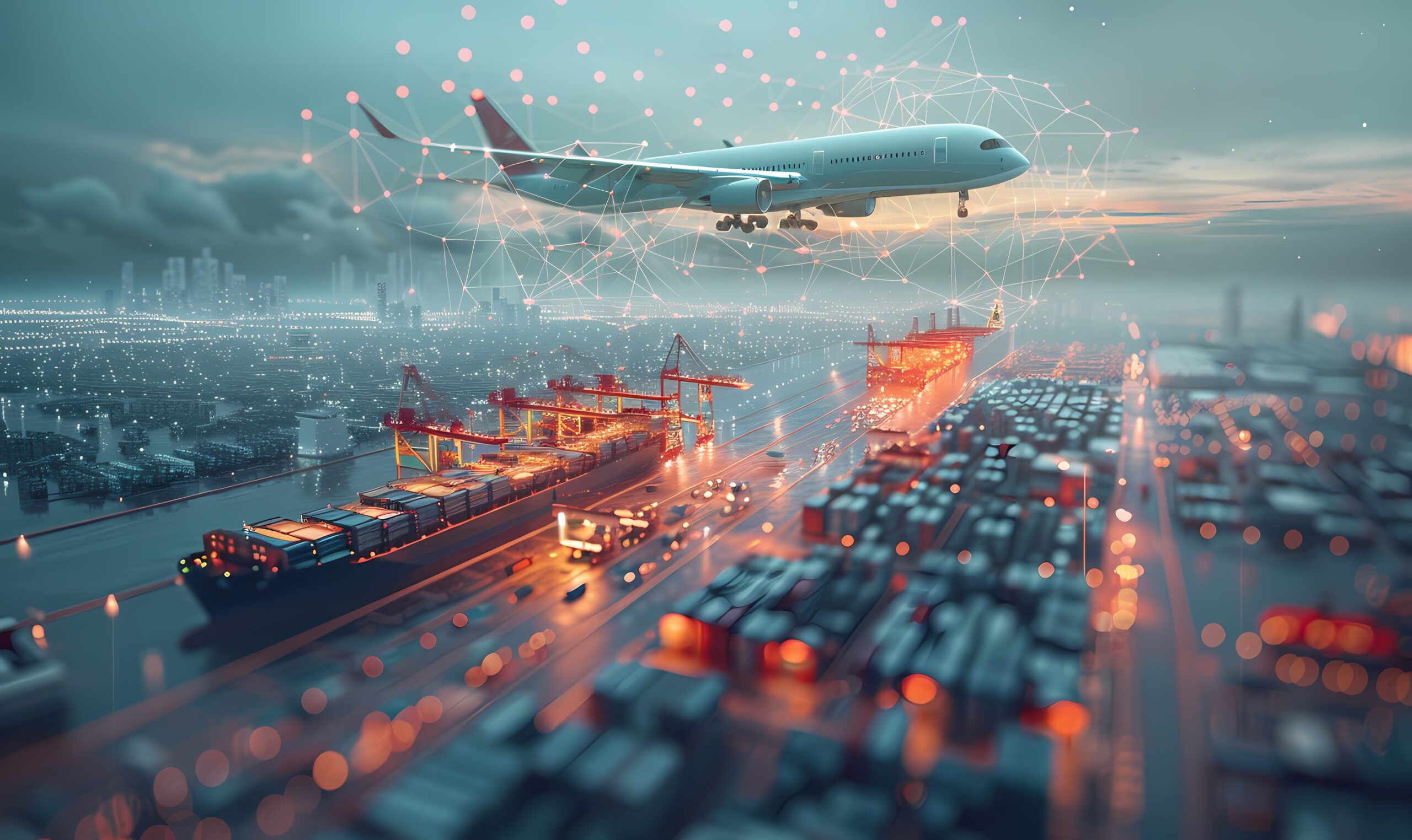 logistics means transport together with technological futuristic holograms